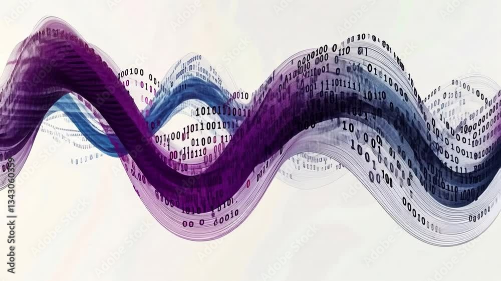 Poster digital flow: abstract digital visualization of data streams, with flowing lines and binary code cre