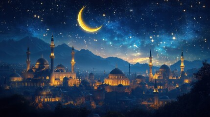 Naklejka premium Majestic Night Scene Illuminated Mosques under a Starry Crescent Moon
