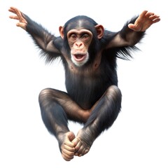 Fototapeta premium A playful chimpanzee mid-leap, showcasing its agility and expressive features against a white background.