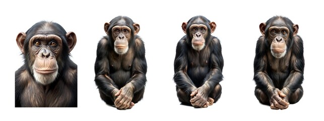 A group of four expressive chimpanzees, showcasing their intelligent gazes and relaxed postures against a neutral background.