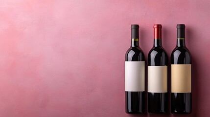 Stylish Bottles of Red Wine on a Textured Pink Background