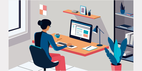 Flat design illustration of a freelancer working from home in a minimalist workspace.