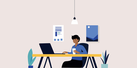 Flat design illustration of a freelancer working from home in a minimalist workspace. 