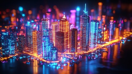 Obraz premium A glowing smart city model with interconnected buildings and roads 