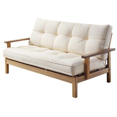 Stylish cream-colored sofa with wooden arms, perfect for a cozy living room setting.
