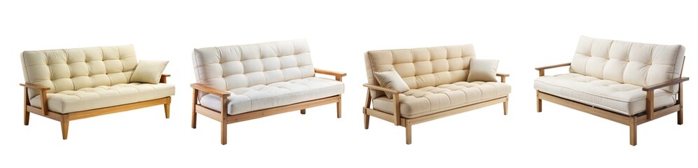 Obraz premium Four elegant, cream-colored sofas displayed, showcasing a blend of modern and classic design styles.