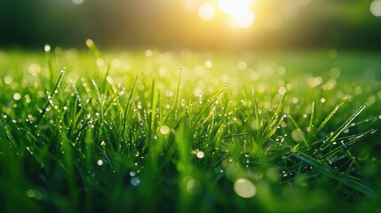 Fototapeta premium Morning Dew on Fresh Green Grass Under Warm Sunlight Rays