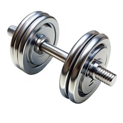Naklejka premium A shiny metallic dumbbell, symbolizing strength and fitness, set against a clean, white background.