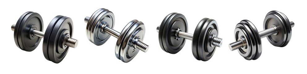A set of adjustable dumbbells lined up, showcasing their sleek metallic design and varying weights.