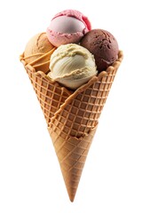 A delicious ice cream cone featuring four scoops: chocolate, vanilla, strawberry, and peach.