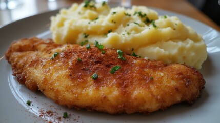 A golden Wiener Schnitzel, glistening with oil and adorned with a sprinkle of paprika, sits proudly alongside fluffy mashed potatoes, their creamy texture a delightful contrast to the crispy