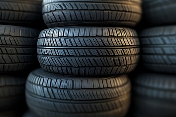 Obraz premium A sturdy stack of dark grey car tires, ready for the road, shows the deep tread and robust build quality in dramatic low light.