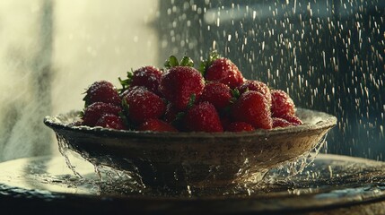 Fresh strawberries in a bowl, being washed by rain.