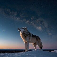 Lone Alaskan Tundra Wolf Howling Under a Starry Sky and Moonlight
