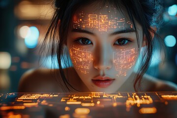 Futuristic face scanning concept showcasing advanced digital technology on a young woman