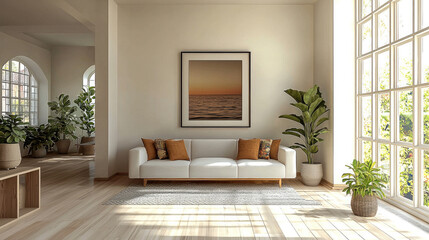 Fototapeta premium serene and inviting minimalist living room featuring white sofa adorned with orange cushions, large windows allowing natural light, and lush green plants enhancing tranquil atmosphere