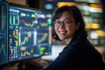 Young businesswoman smiling while analyzing stock market data on multiple computer screens in a modern office with city lights at night