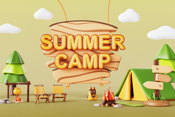 3d summer camp invitation poster with tent, campfire, wooden signboard. Cartoon landscape with trees, chairs, backpack, bowler. Forest camping, vacation, hiking trip, Render ad flyer. 3D illustration