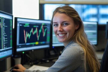 Young Professional Woman Smiling in Modern Office Environment Surrounded by Financial Data Screens and Charts for Stock Market Analysis and Trading