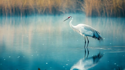 A majestic crane standing gracefully in a tranquil blue lake, its long legs partially submerged. Capturing the elegance of nature, this high-resolution photograph highlights detailed feathers