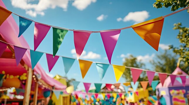Colorful Party Flags Decorate Festive Outdoor Celebration Scene