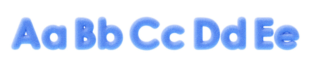 3d blue fur fluffy font of uppercase and lowercase letters Aa Bb Cc Dd Ee. Fuzzy English ABC alphabet with hair texture. Capital and small letters of soft wool felt for education kids. 3D illustration © marozhkastudio