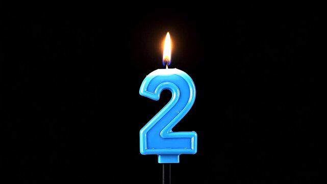 A Lit Blue Number Two Candle Against a Black Background