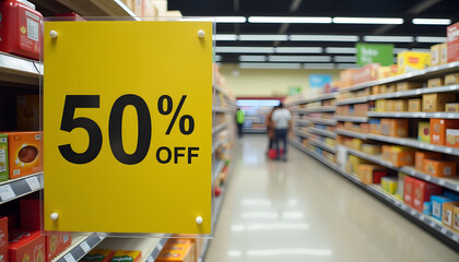 Discount sign for fifty percent off in supermarket aisle with products on shelves for shopping concept
