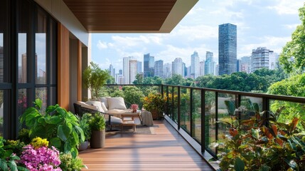 Fototapeta premium Modern Balcony Overlooking Cityscape with Lush Green Plants