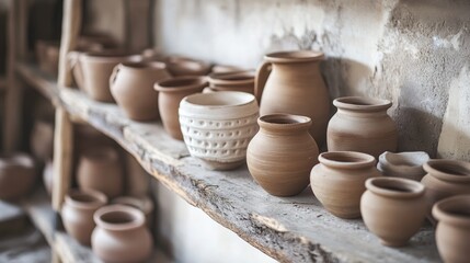 Traditional Handcrafted Pottery on Rustic Wooden Shelves Display