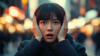 Shocked Woman City Street with Dramatic Mood Representing Noise Against Bokeh Lights
