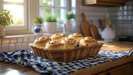 Cozy Kitchen Scene with Freshly Baked Blueberry Buns