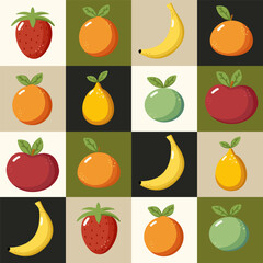 Colorful vector illustration of various fruits arranged in a grid pattern on a neutral background
