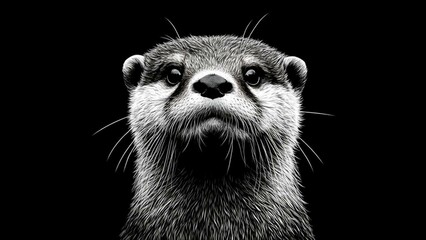 Otter Portrait Stylized Sketch in Black and White Against Black Background
