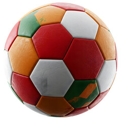 Colorful Soccer Ball with Red, Green, Orange, and White Panels on Transparent Background
