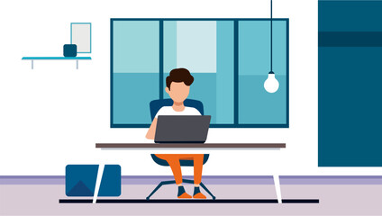 Flat design illustration of a freelancer working from home in a minimalist workspace.