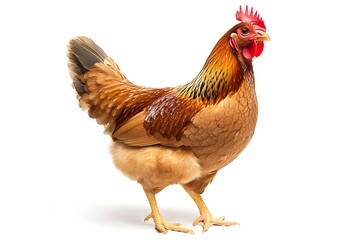 Fototapeta premium A regal Orpington hen, a picture of rustic charm and quiet dignity, stands against a pristine white background showcasing its rich, warm plumage.