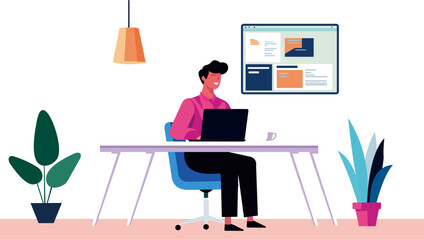 Flat design illustration of a freelancer working from home in a minimalist workspace.