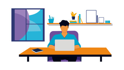 Flat design illustration of a freelancer working from home in a minimalist workspace.