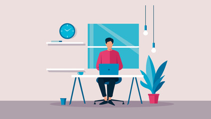 Flat design illustration of a freelancer working from home in a minimalist workspace.
