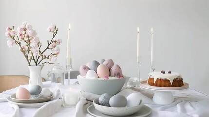 An Easter table setting with white linen, gray and pink eggs in a bowl at the center, an Easter cake and candles on the side.