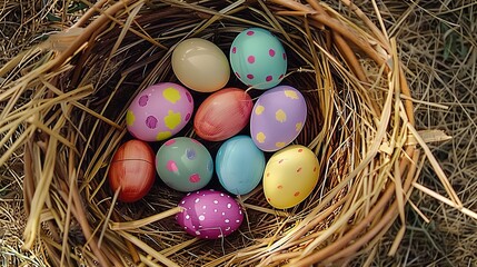 Colorful Easter eggs in a straw basket on a hay background.