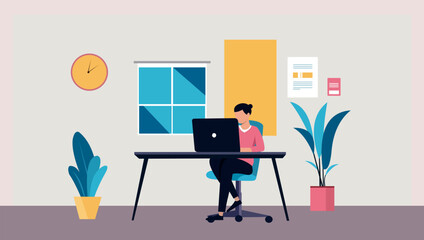 Flat design illustration of a freelancer working from home in a minimalist workspace.