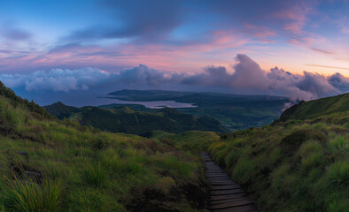Sunrise landscape of the Azores with wooden path to Pico and scenic lake