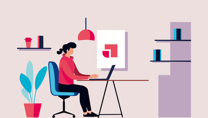 Flat design illustration of a freelancer working from home in a minimalist workspace.