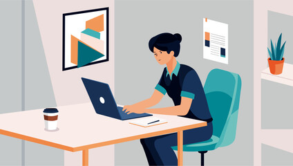 Flat design illustration of a freelancer working from home in a minimalist workspace.