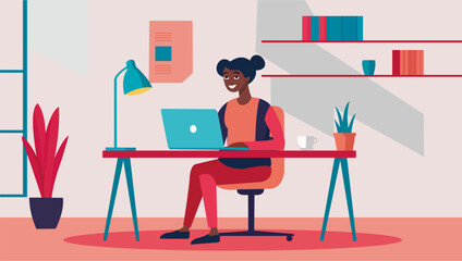 Flat design illustration of a freelancer working from home in a minimalist workspace.
