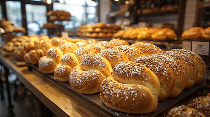 Freshly baked bread rolls are beautifully arranged in traditional bakery, showcasing their golden crust and sprinkled toppings. warm atmosphere invites customers to indulge in delicious treats