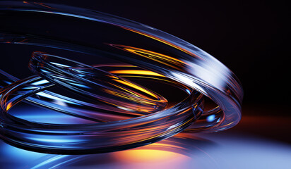 Abstract 3d black background with blue gold light speed motion glass swirl. Neon dark bg with transparent spiral circular lines render. Futuristic magic energy of crystal shine rings. 3D illustration © marozhkastudio