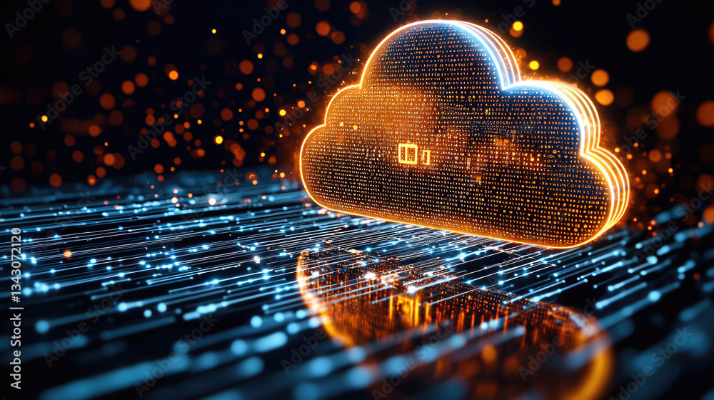 Poster Cloud computing technology with glowing digital cloud symbol and data streams, representing innovation and connectivity in digital age